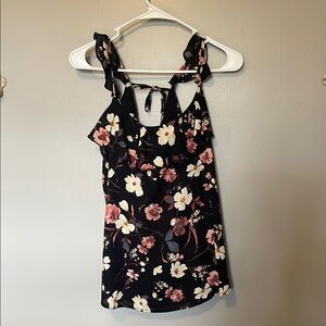 Black Floral Ruffle Shoulder Tank Blouse
